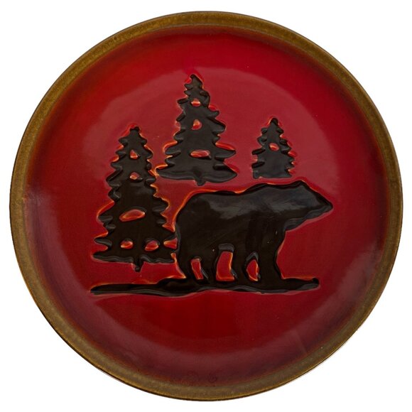 2 Woodland Home Studio Red Dinner Plates Rustic Bear & Pine Tree Design Set 11” - Picture 4 of 5